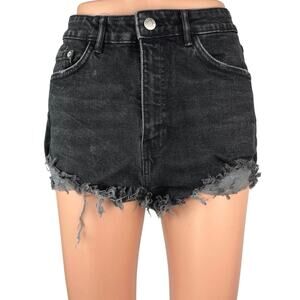 ZARA Cutoff Distressed Jean Shorts Raw Ripped Hem High Rise Pockets 8 Wash Black